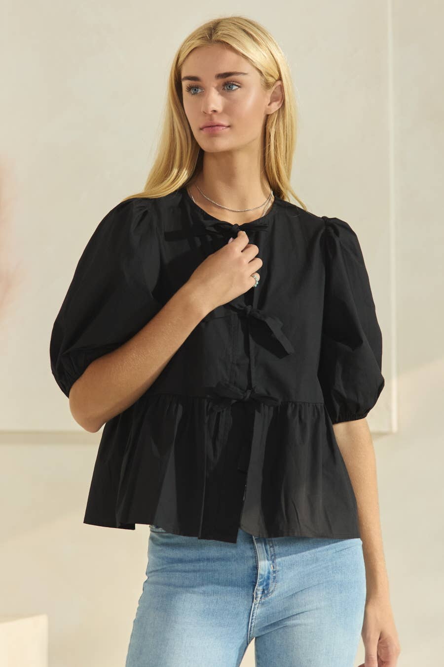 Oddi - Plus Solid Cotton Poplin Front Tie Ribbon Blouse