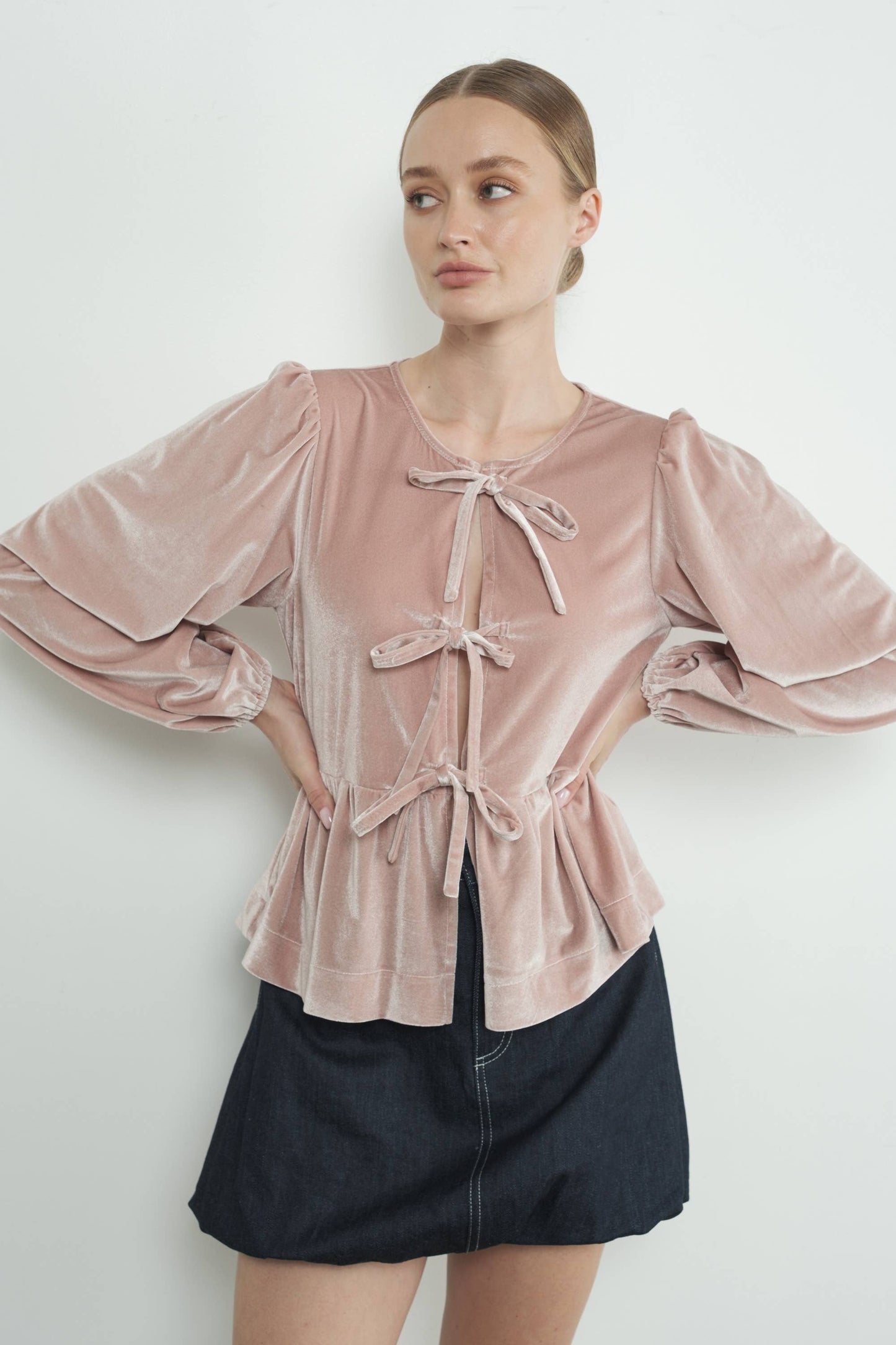 Aaron & Amber - VELVET BOW TIE PEPLUM BLOUSE