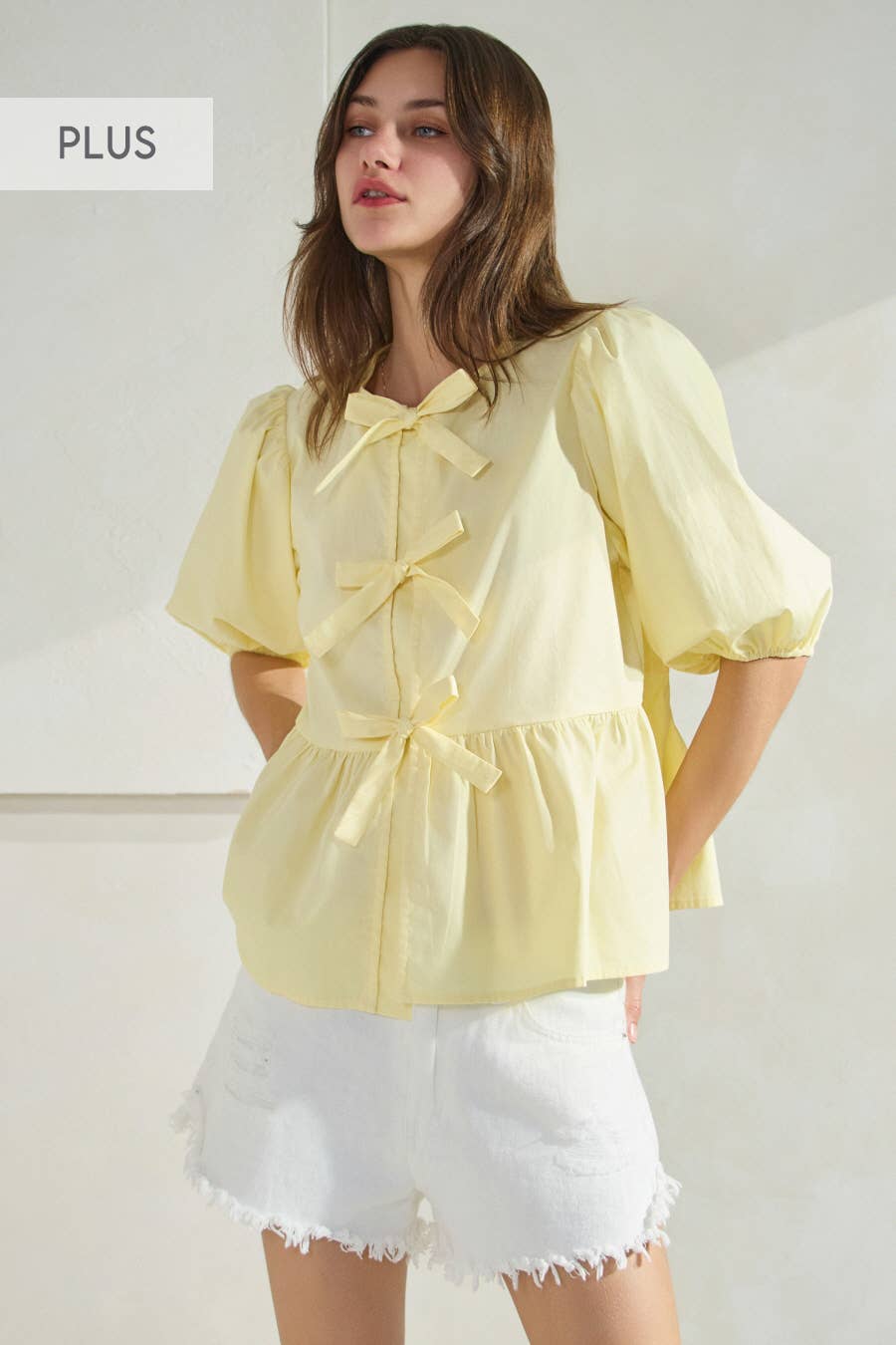 Oddi - Plus Solid Cotton Poplin Front Tie Ribbon Blouse