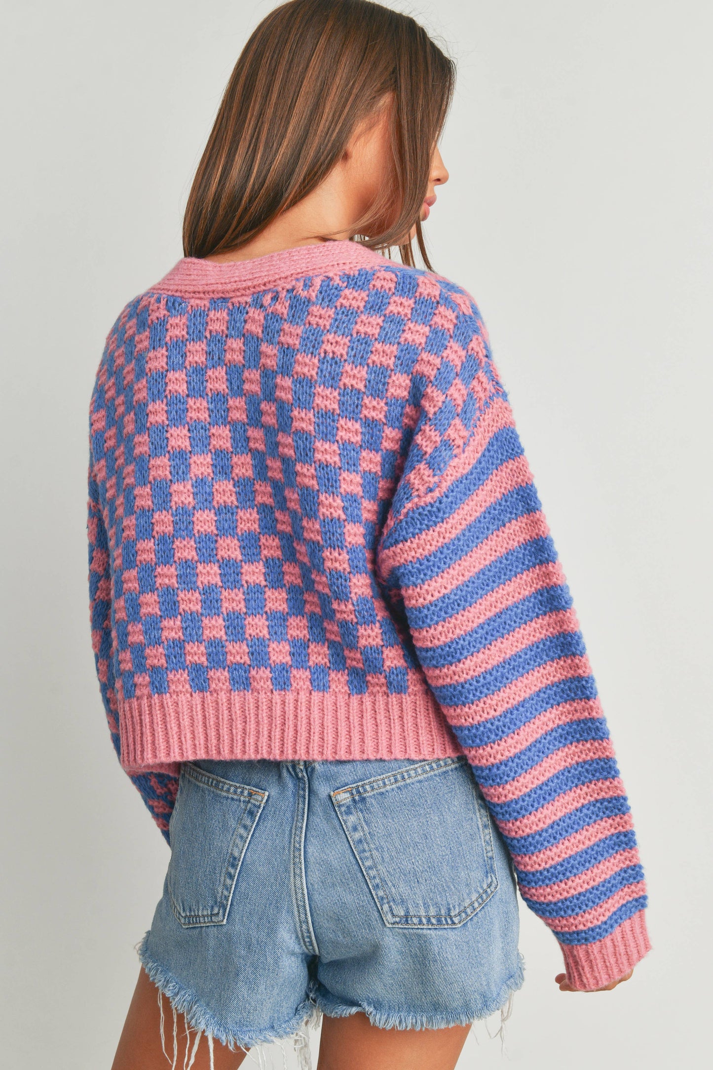 Buttermelon: OVERSIZED BUTTON DOWN Mauve/blue CHECKERED STRIPE CARDIGAN