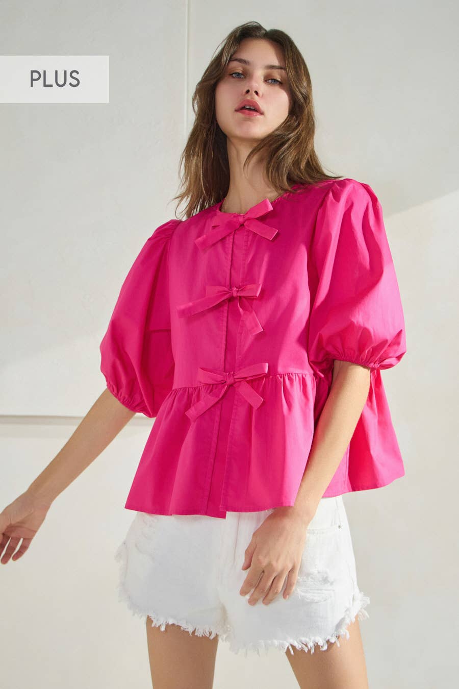 Oddi - Plus Solid Cotton Poplin Front Tie Ribbon Blouse