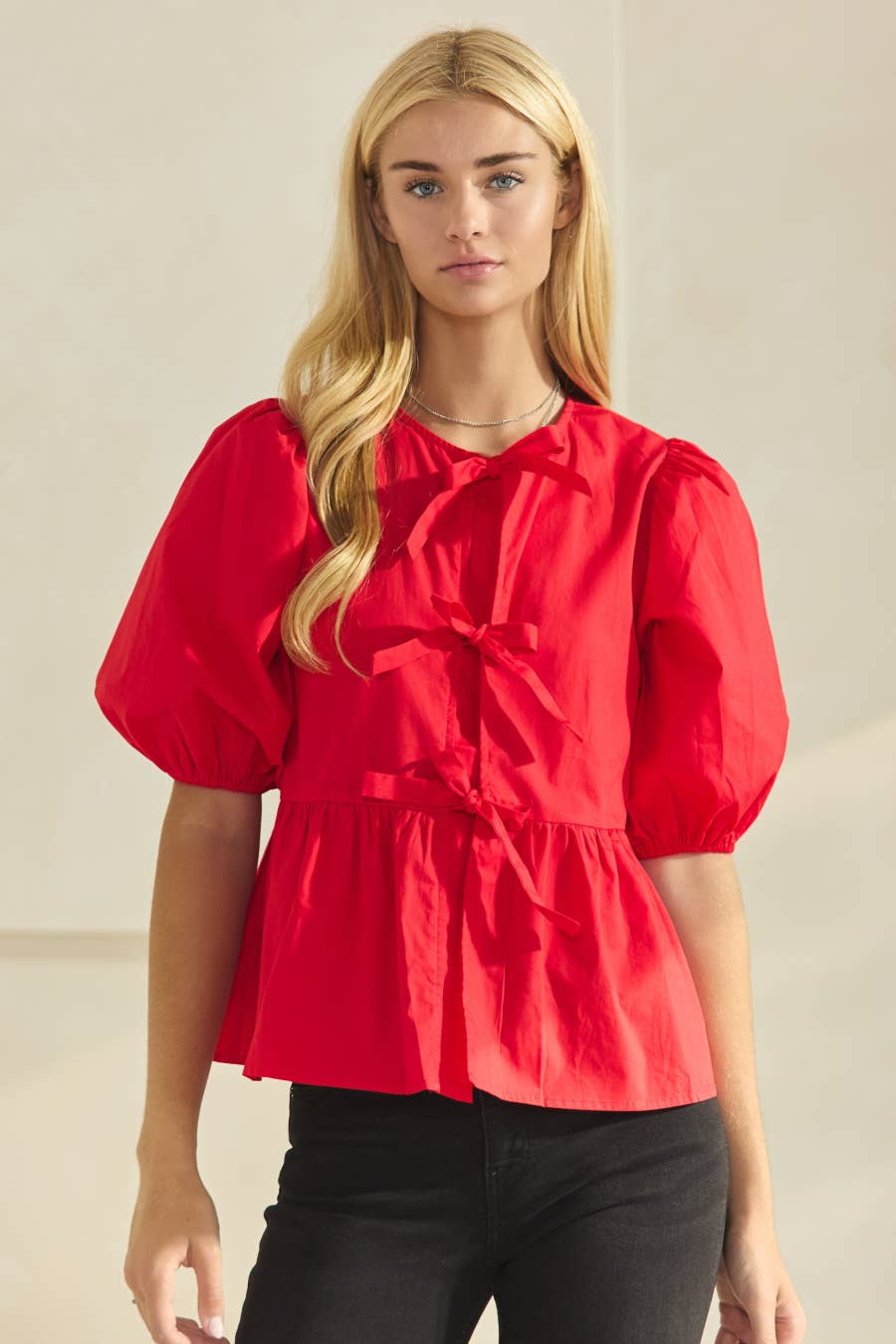 Oddi - Plus Solid Cotton Poplin Front Tie Ribbon Blouse