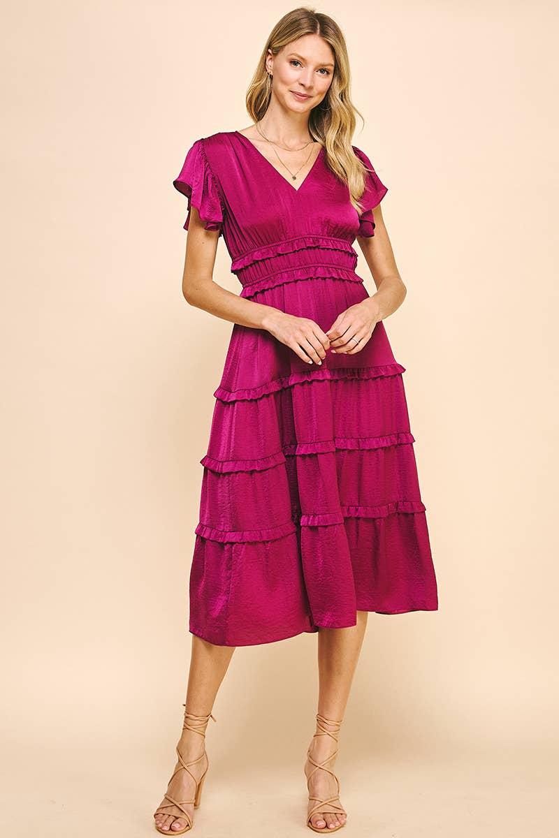 PINCH - V-NECK TIERED MIDI DRESS - BERRY