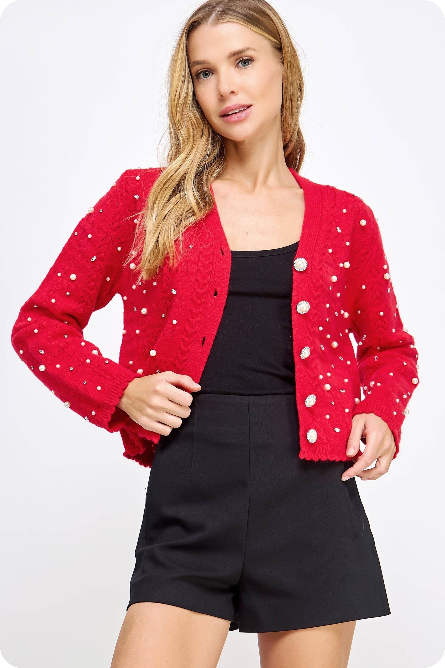 Strut & Bolt - Pearl and Rhinestone Studded Knit Cardigan