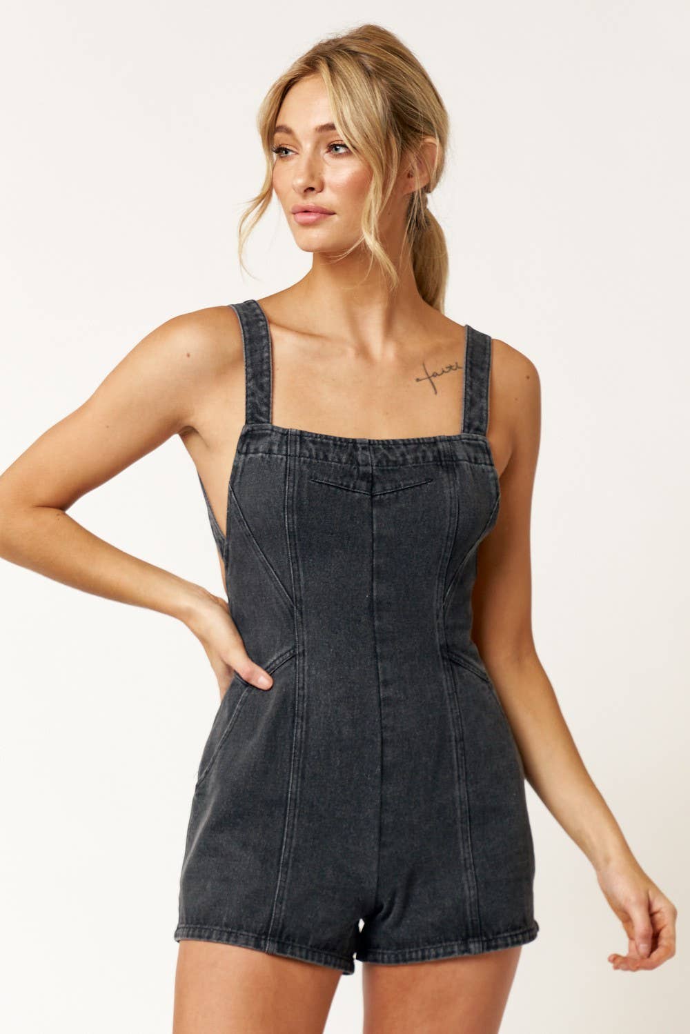 Blue Blush - IBR26533 OPEN BACK DOUBLE STRAP BACK DETAIL DENIM ROMPER