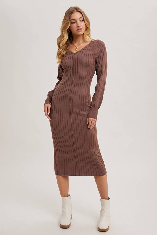 Bluivy - V-NECK RIBBED KNIT SWEATER MIDI DRESS