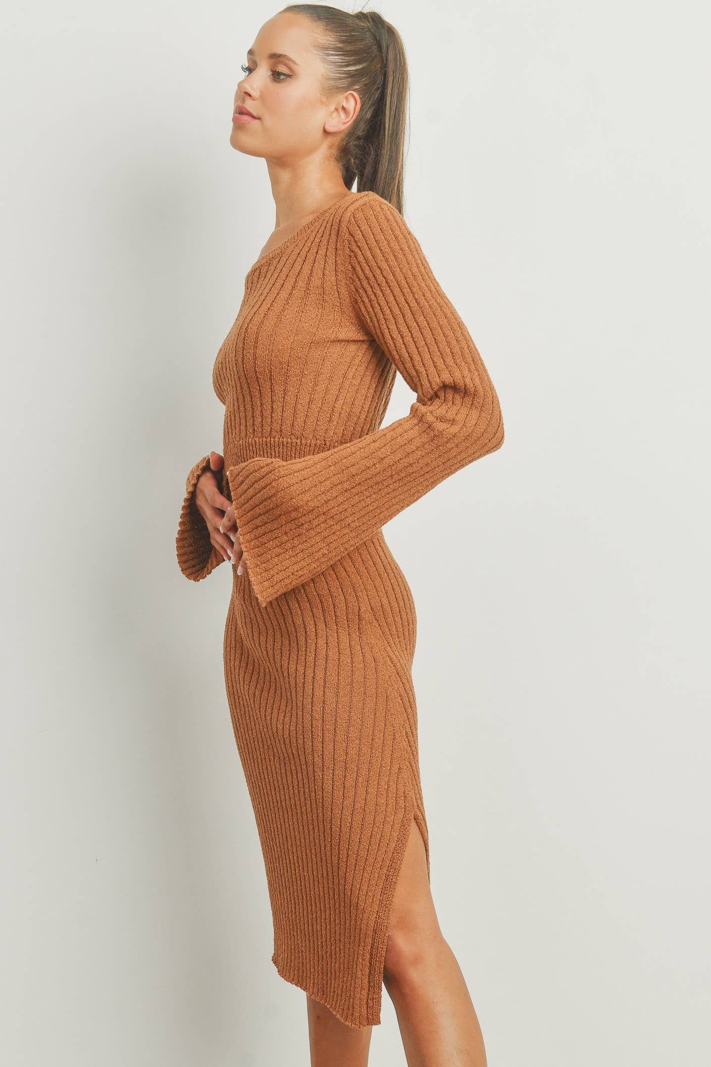 Butter Melon: BELL SLEEVE BROWN SOLID RIB SWEATER TOP AND SKIRT SET