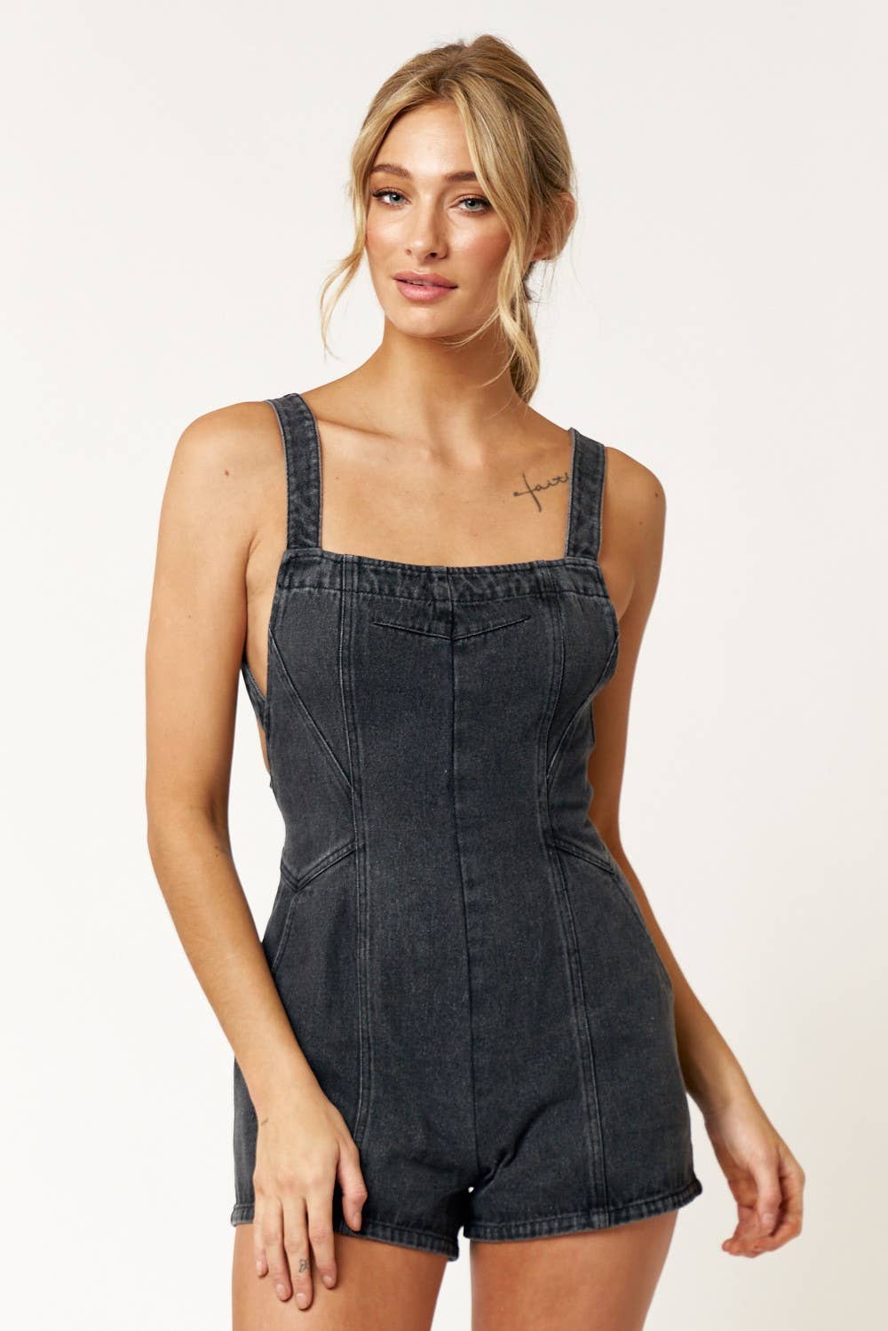 Blue Blush - IBR26533 OPEN BACK DOUBLE STRAP BACK DETAIL DENIM ROMPER