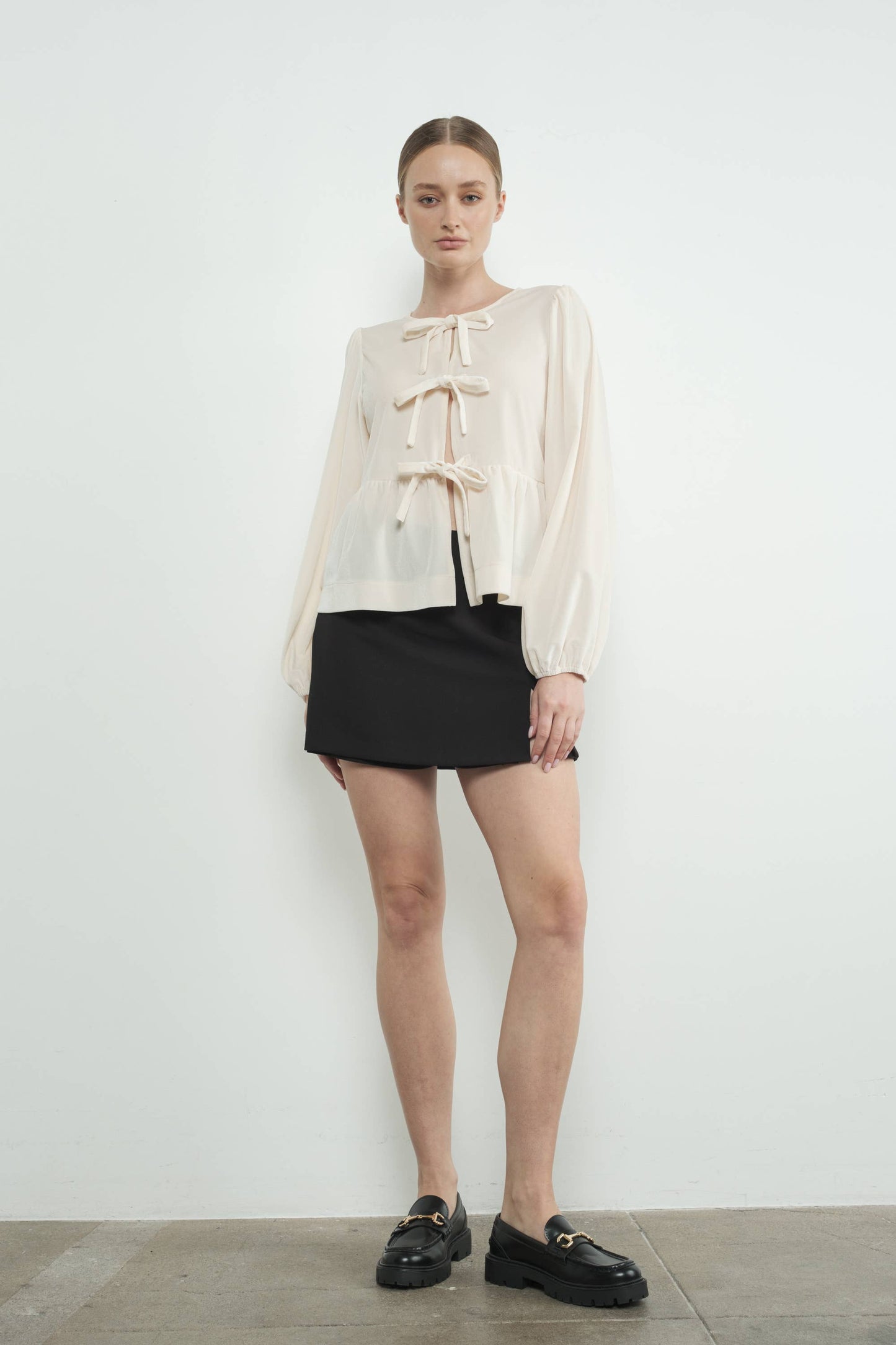 Aaron & Amber - VELVET BOW TIE PEPLUM BLOUSE