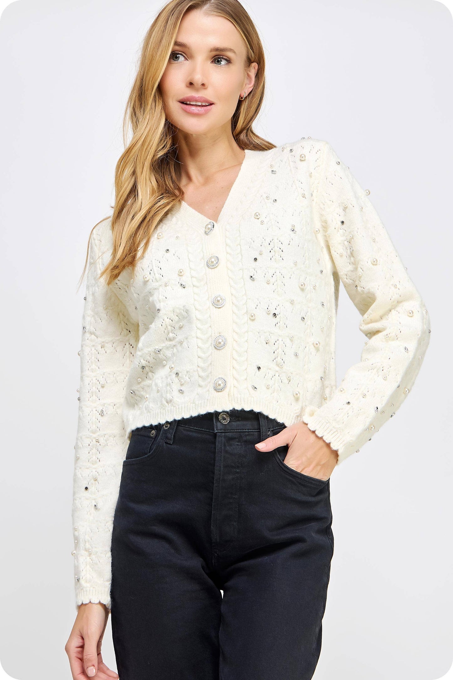 Strut & Bolt - Pearl and Rhinestone Studded Knit Cardigan