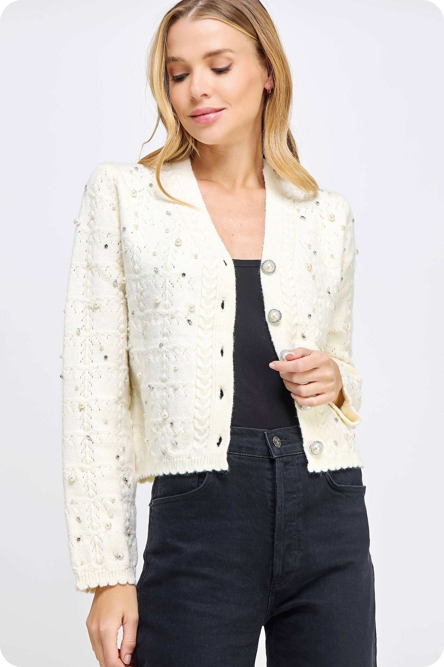 Strut & Bolt - Pearl and Rhinestone Studded Knit Cardigan