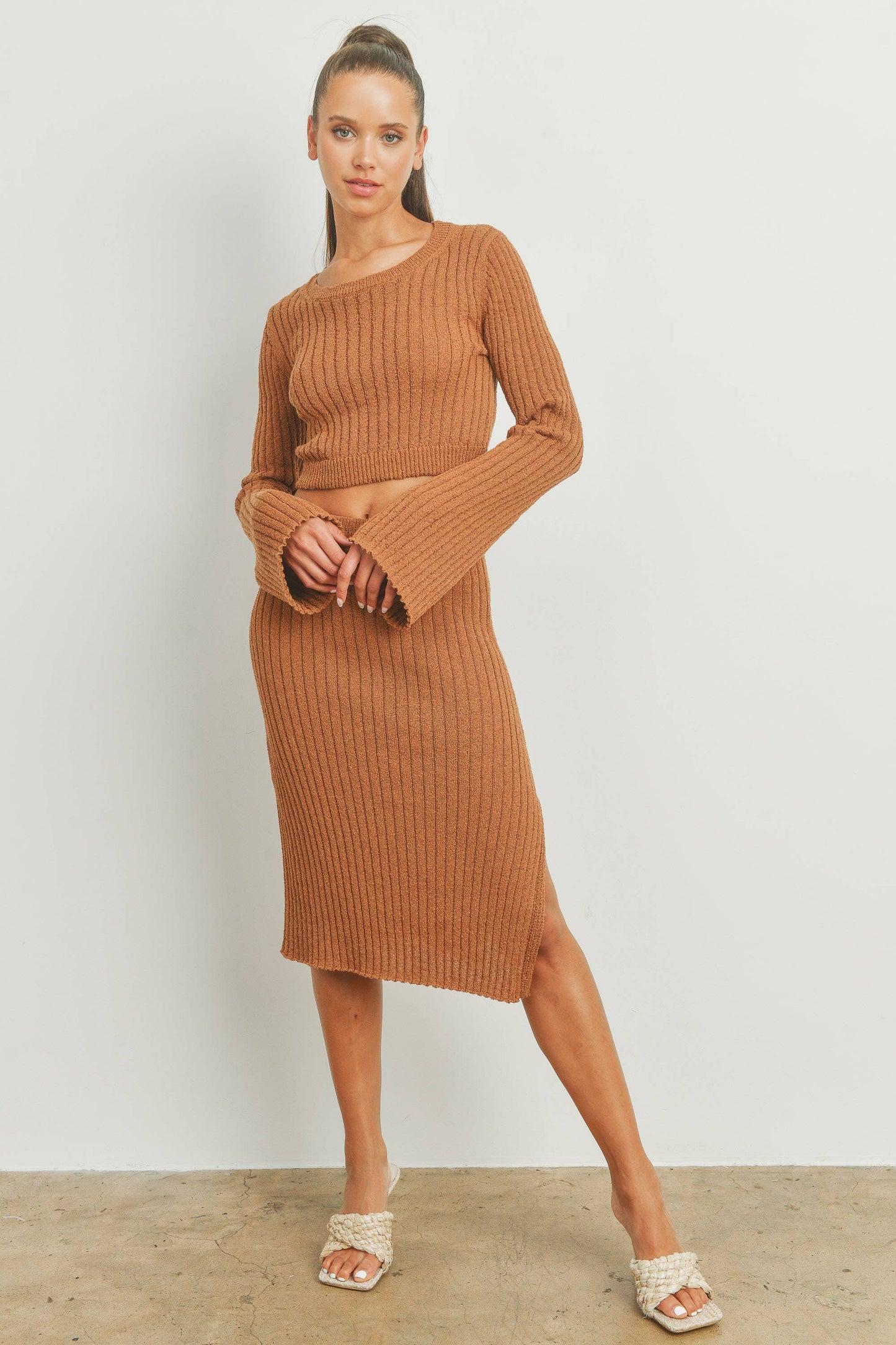 Butter Melon: BELL SLEEVE BROWN SOLID RIB SWEATER TOP AND SKIRT SET