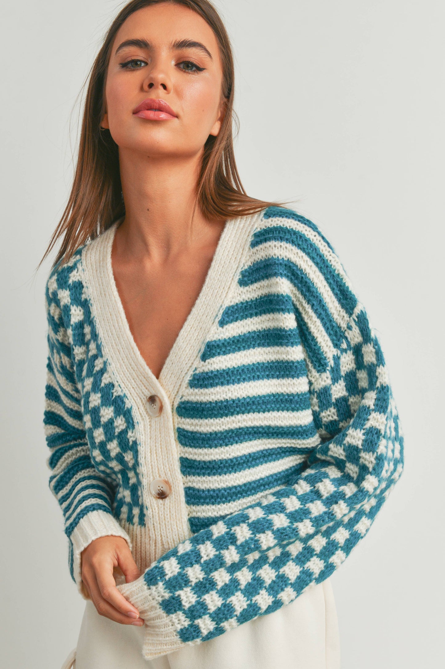 Buttermelon: OVERSIZED BUTTON DOWN Mauve/blue CHECKERED STRIPE CARDIGAN