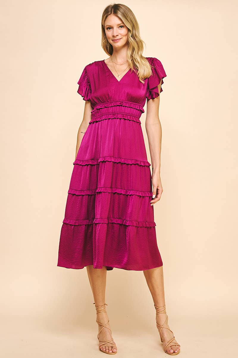 PINCH - V-NECK TIERED MIDI DRESS - BERRY