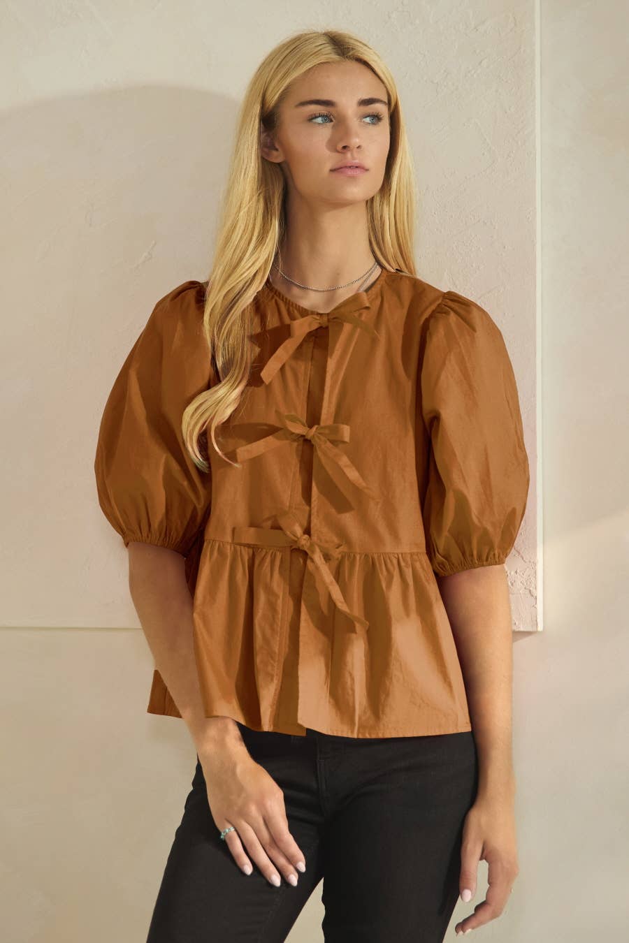 Oddi - Plus Solid Cotton Poplin Front Tie Ribbon Blouse