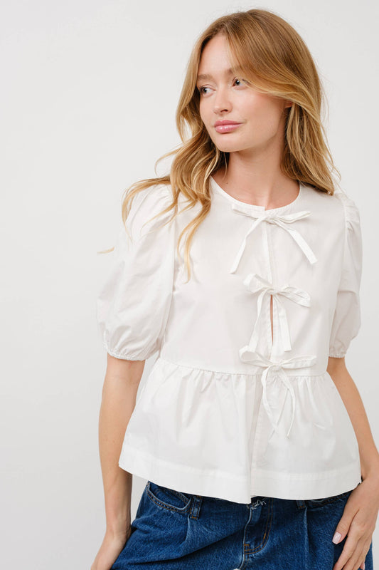 Aaron & Amber - POPLIN FRONT BOW TIE PEPLUM BLOUSE WITH PUFF SLEEV