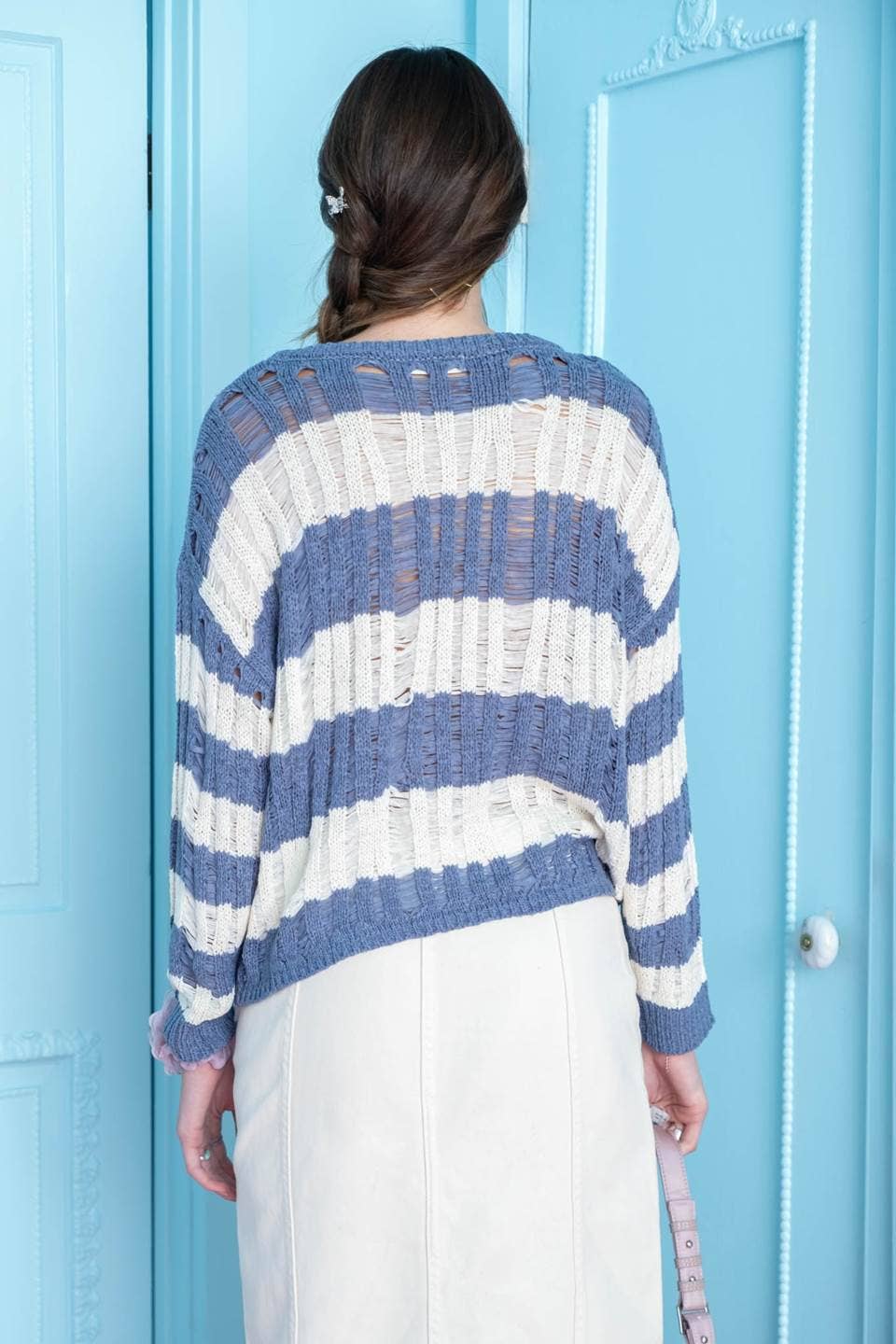 Blu Pepper - STRIPED LADDER KNIT PULLOVER SWEATER