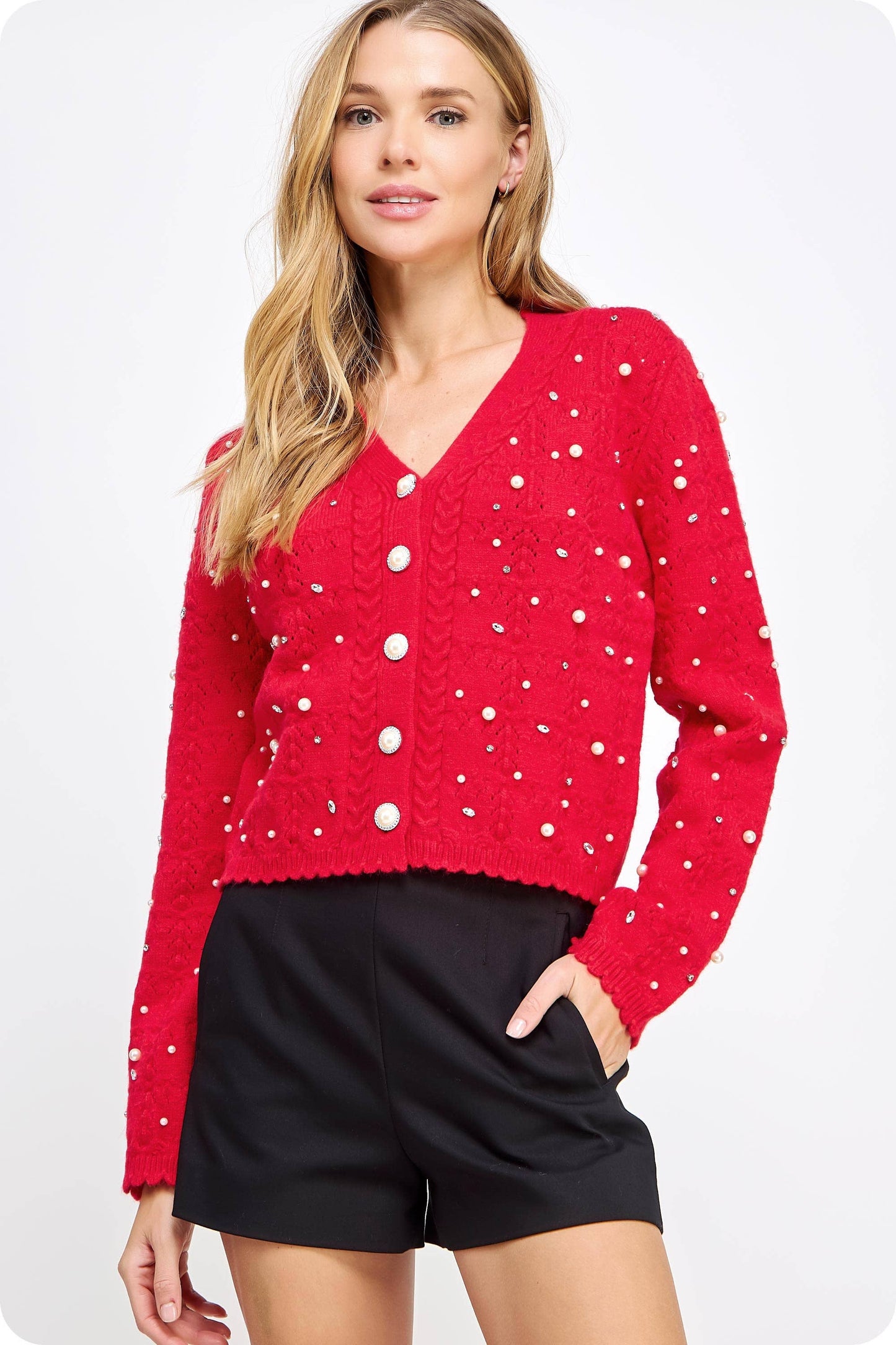 Strut & Bolt - Pearl and Rhinestone Studded Knit Cardigan