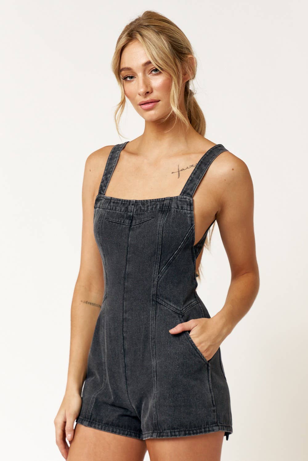 Blue Blush - IBR26533 OPEN BACK DOUBLE STRAP BACK DETAIL DENIM ROMPER