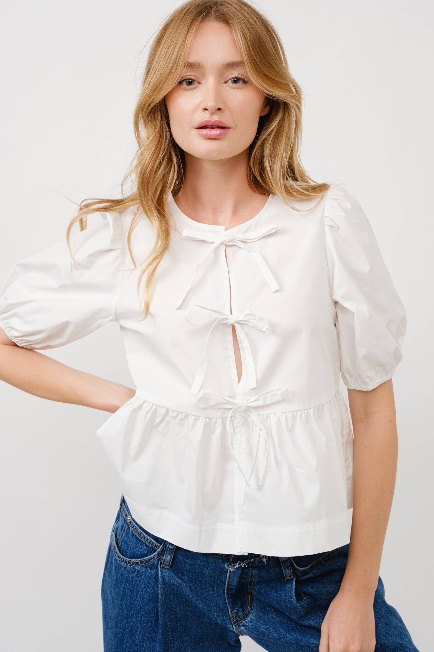 Aaron & Amber - POPLIN FRONT BOW TIE PEPLUM BLOUSE WITH PUFF SLEEV