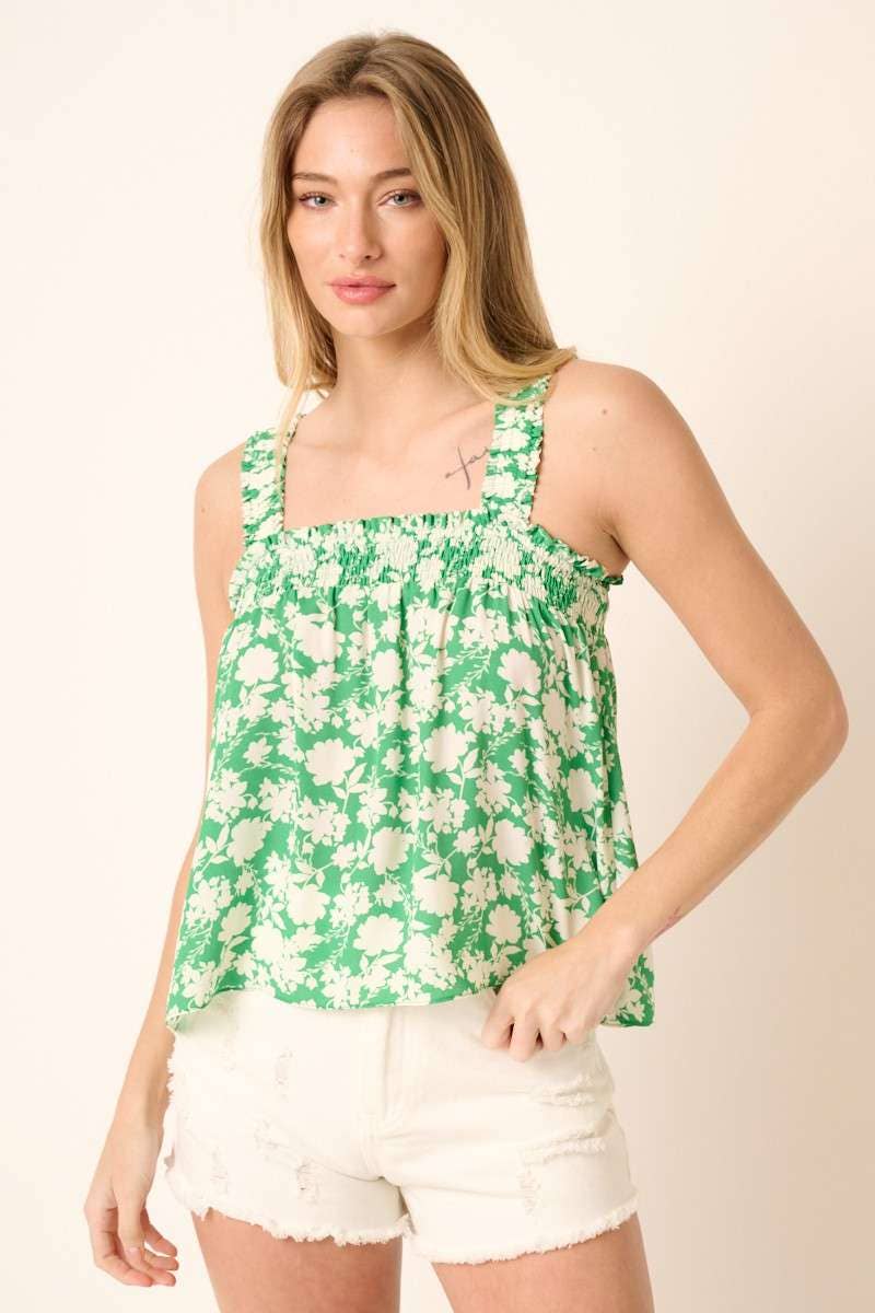 mittoshop - FLOWER PRINT SMOCK DETAIL CROP TANK BLOUSE