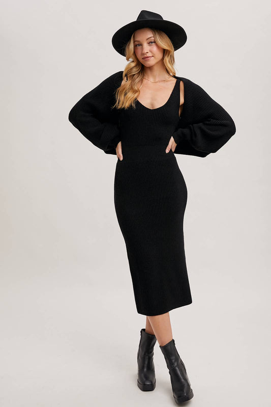 Bluivy - V-NECK KNIT MIDI DRESS AND KNIT SHRUG SET