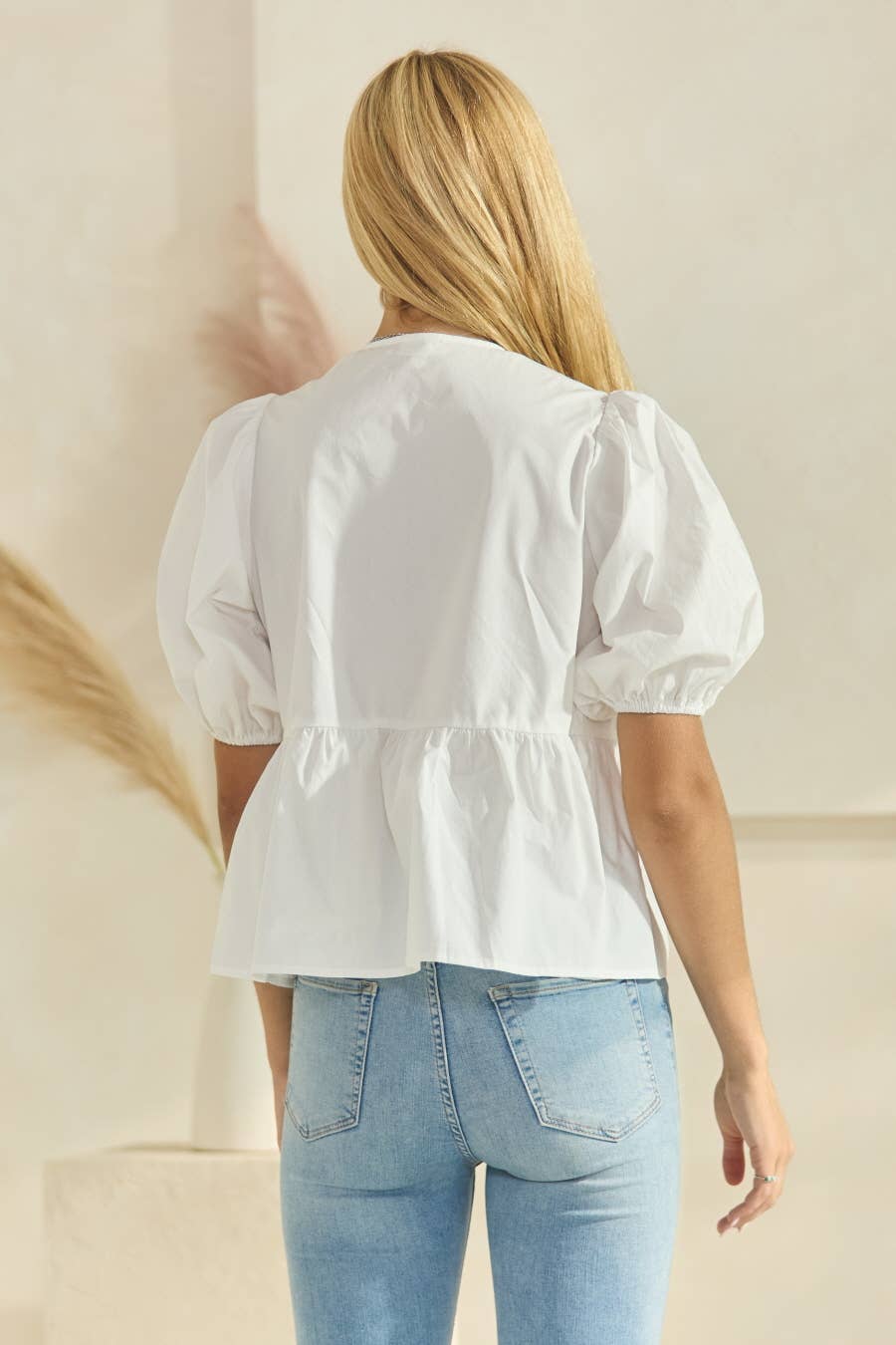 Oddi - Plus Solid Cotton Poplin Front Tie Ribbon Blouse