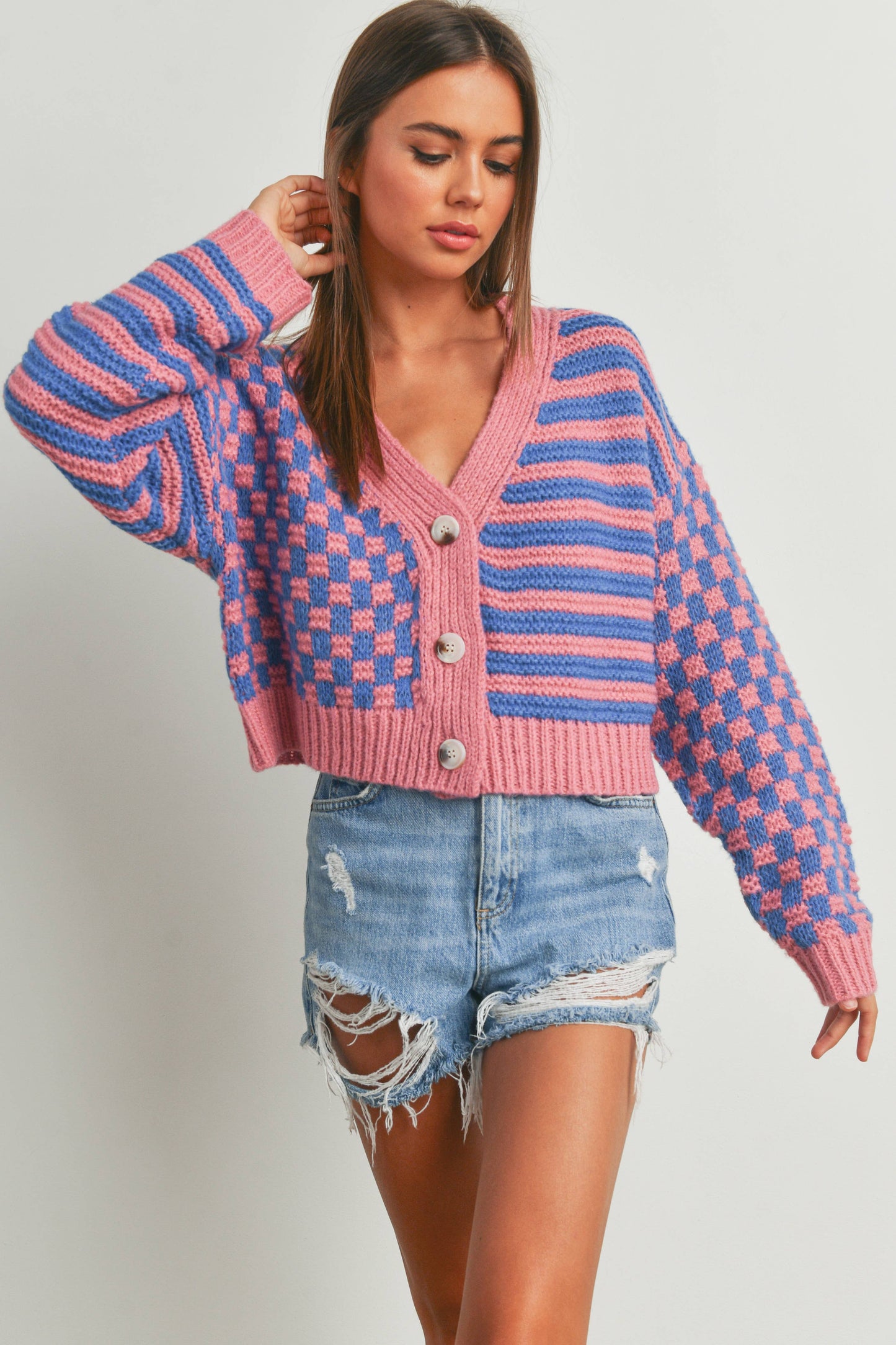 Buttermelon: OVERSIZED BUTTON DOWN Mauve/blue CHECKERED STRIPE CARDIGAN