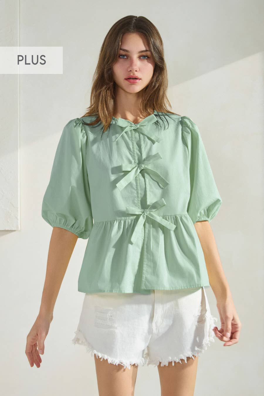 Oddi - Plus Solid Cotton Poplin Front Tie Ribbon Blouse