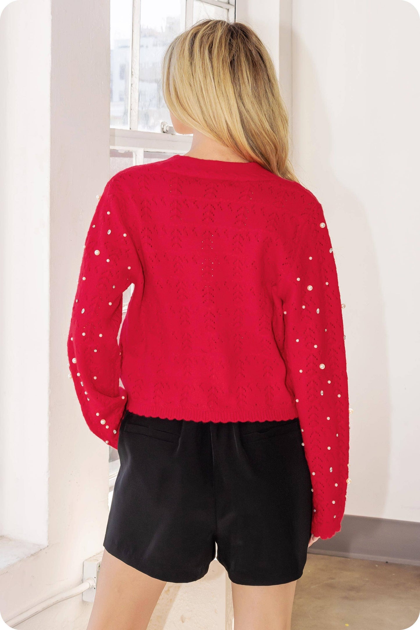 Strut & Bolt - Pearl and Rhinestone Studded Knit Cardigan