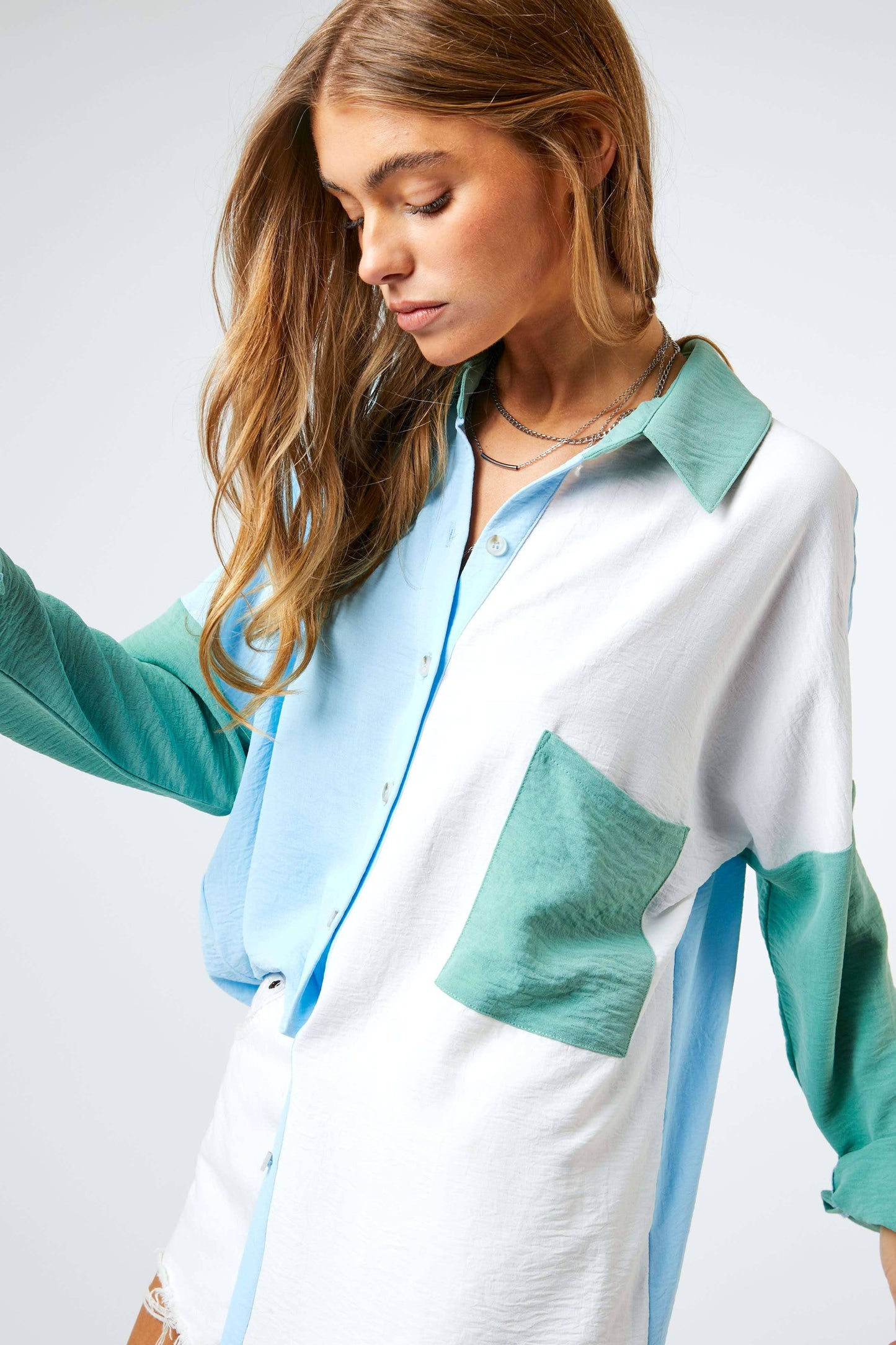 Davi & Dani - SKY BLUE COLOR BLOCKED CHEST POCKET BUTTON FRONT SHIRT TOP