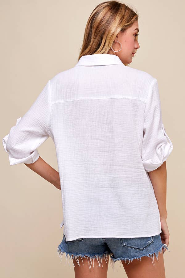 Pinch Gauze Button Up Collared Top White