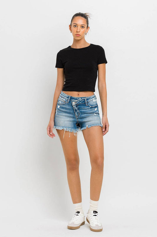 VERVET by FLYING MONKEY - HIGH RISE DISTRESSED CRISS CROSS SHORTS