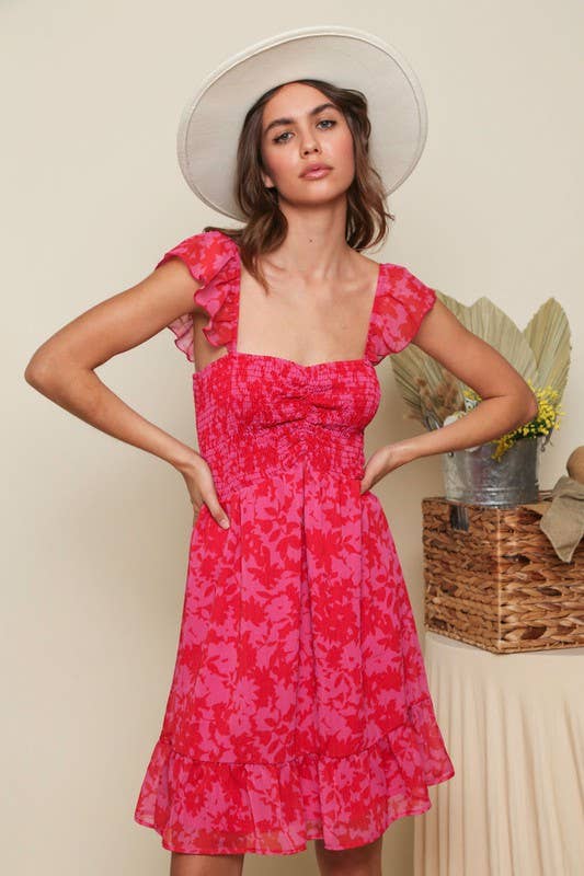 Peach Love California - Floral Print Mini Dress Red/Fuchsia