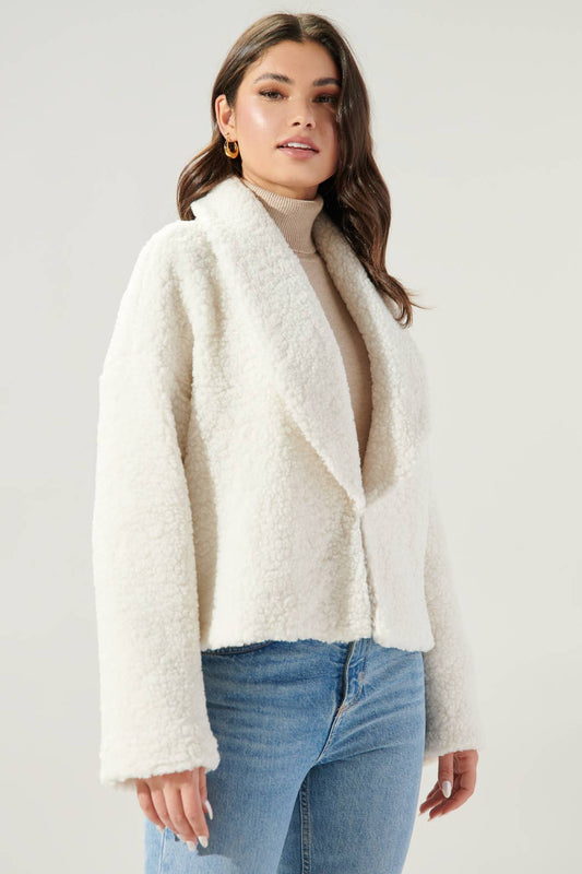 Edwina Faux Sherpa Shawl Collar Jacket: White