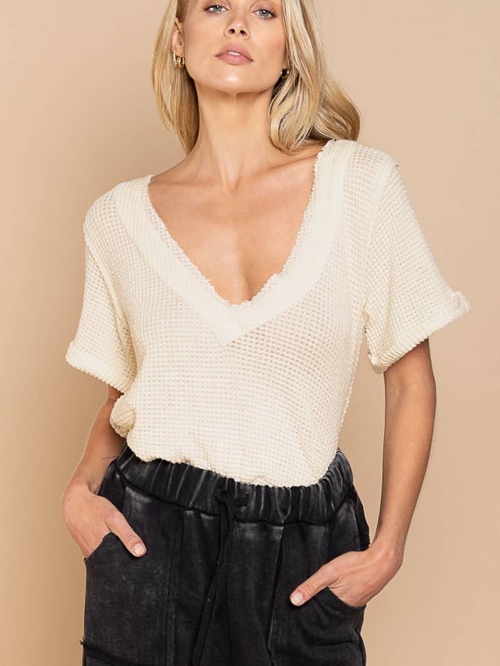 Pol Clothing - V neck Half Sleeve Casual Knit Top