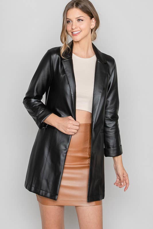 Lemon Tree: Black Pleather Oversized Blazer Jacket