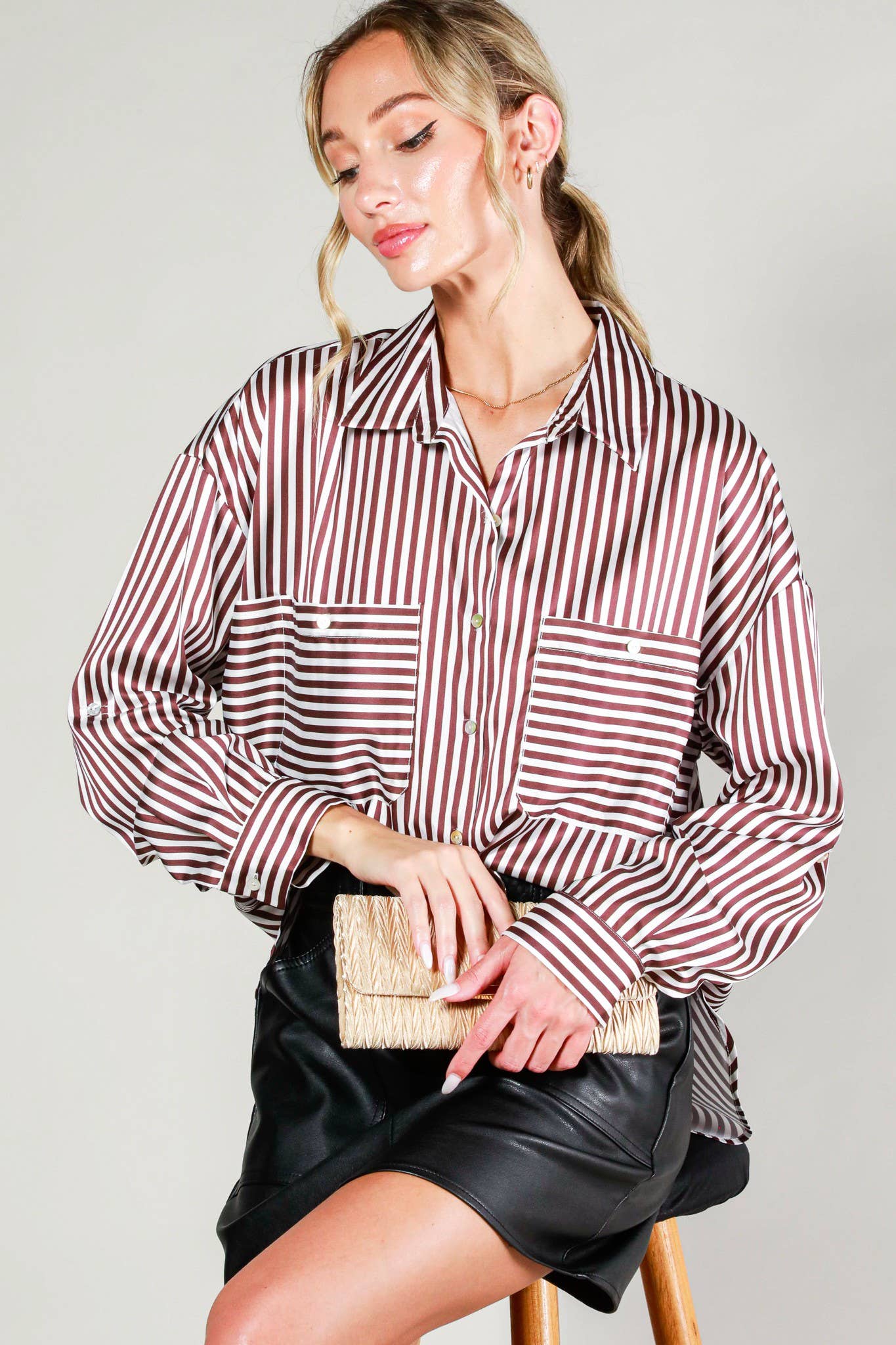 Long sleeve pocket detail striped satin shirt BROWN
