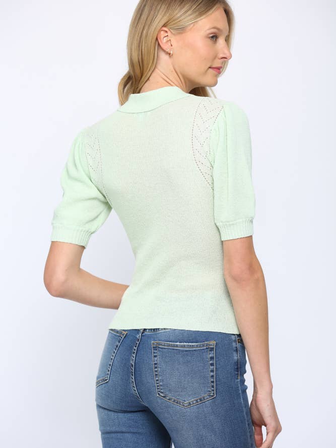 FATE - MISTY GREEN POINTELLE DETAIL COLLARED SHORT SLEEVE SWEATER