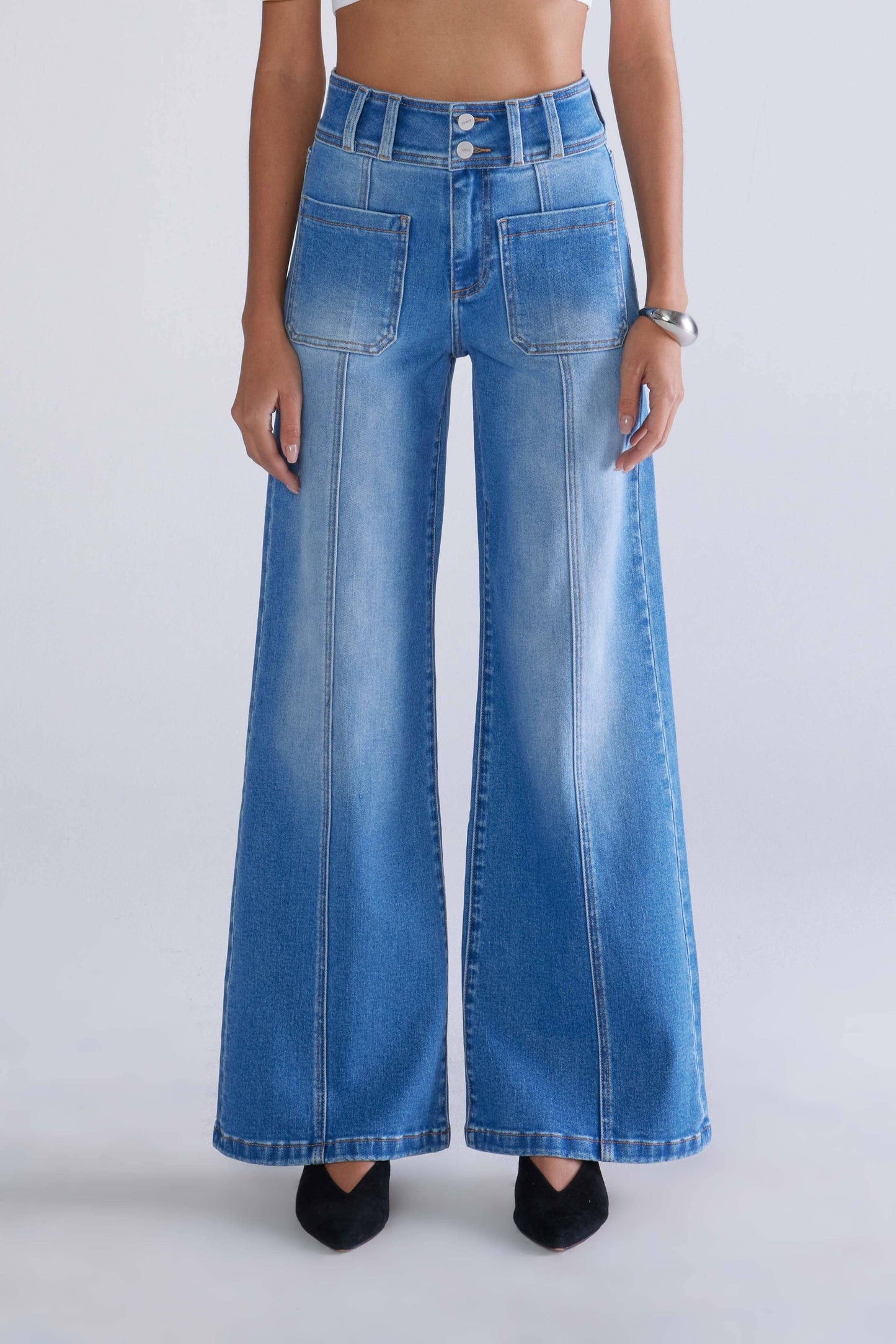 Ceros Jeans - Medium Blue Mid Rise Pleated Wide Denim Jeans