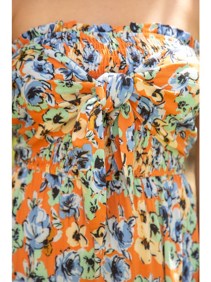 VOY - Smocked Tube Top Orange Floral Maxi Dress