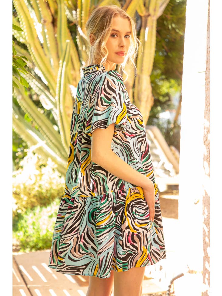 VOY - Bubble Sleeve Ruffled V Neck Multi Color Print Dress