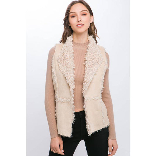 Lemon Tree: Shearling Suede Vest with Faux Fur Lining: KHAKI