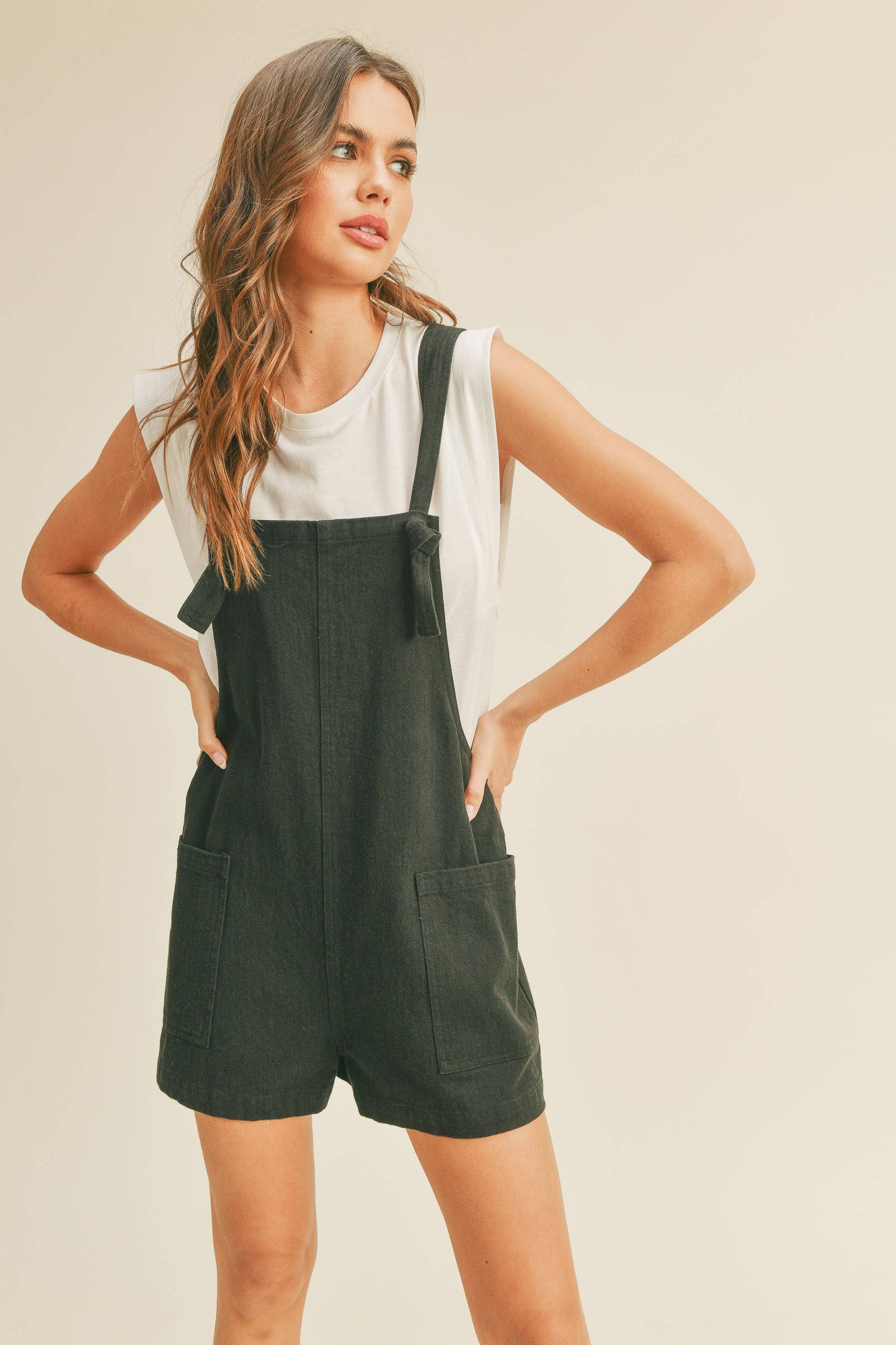 MIOU MUSE - BLACK COTTON LINEN SHORT OVERALL