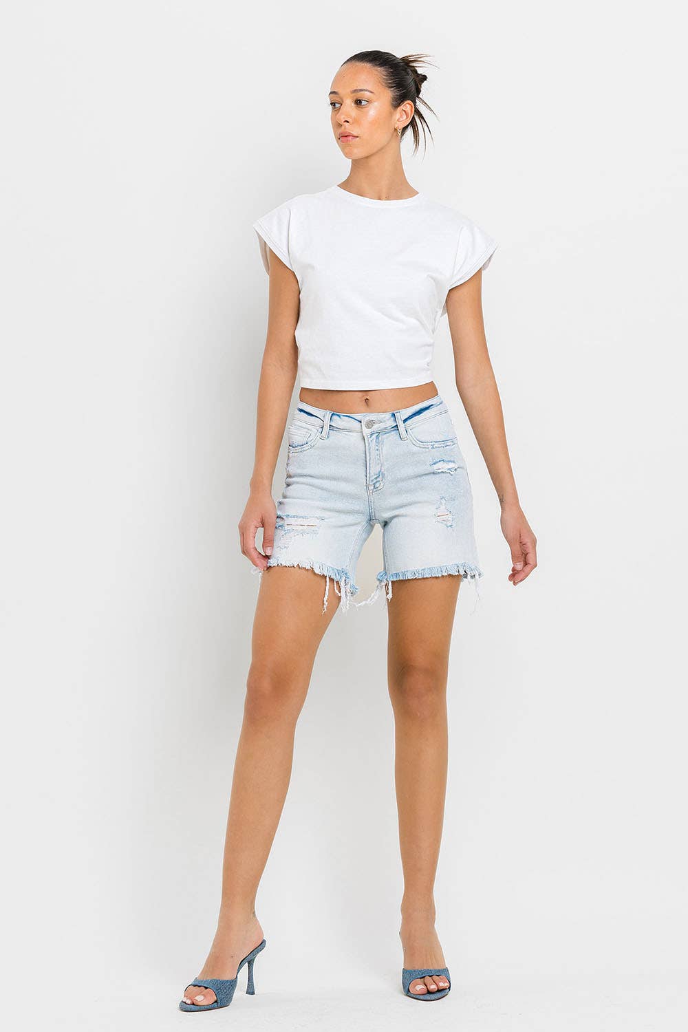 VERVET by FLYING MONKEY - MID RISE DISTRESSED STRETCH SHORTS