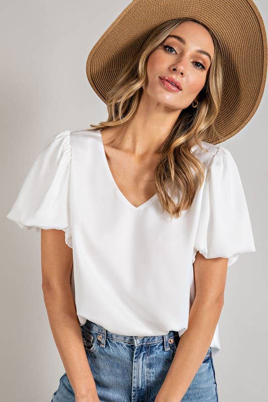 Faith Apparel - OFF WHITE V NECK SHORT PUFF SLEEVE SATIN BLOUSE